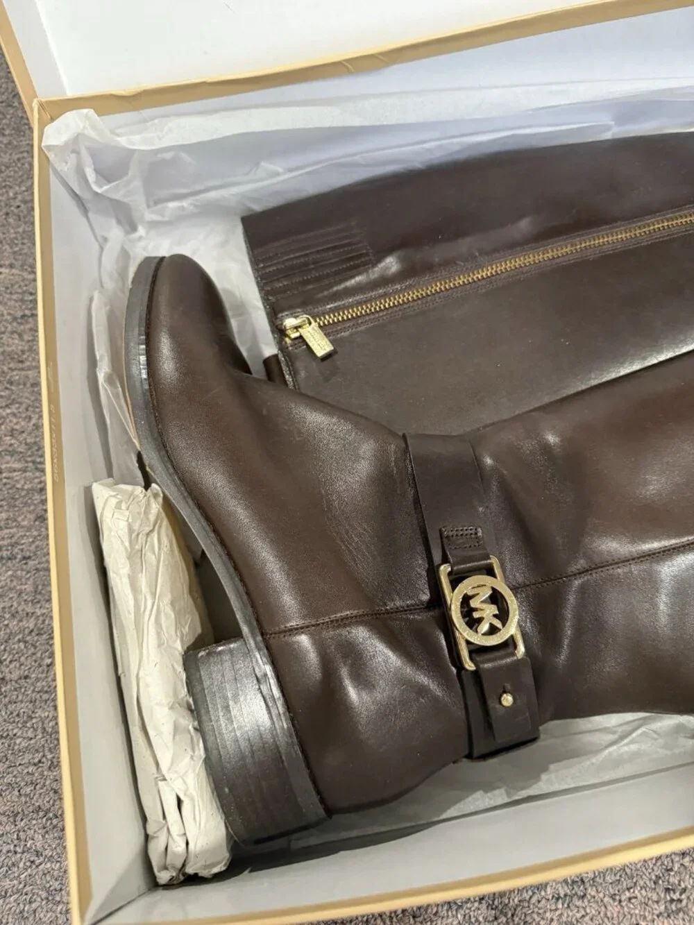 Michael Kors Charm Riding Boots Leather Dark Coffee Brown Size 9M w/ Box